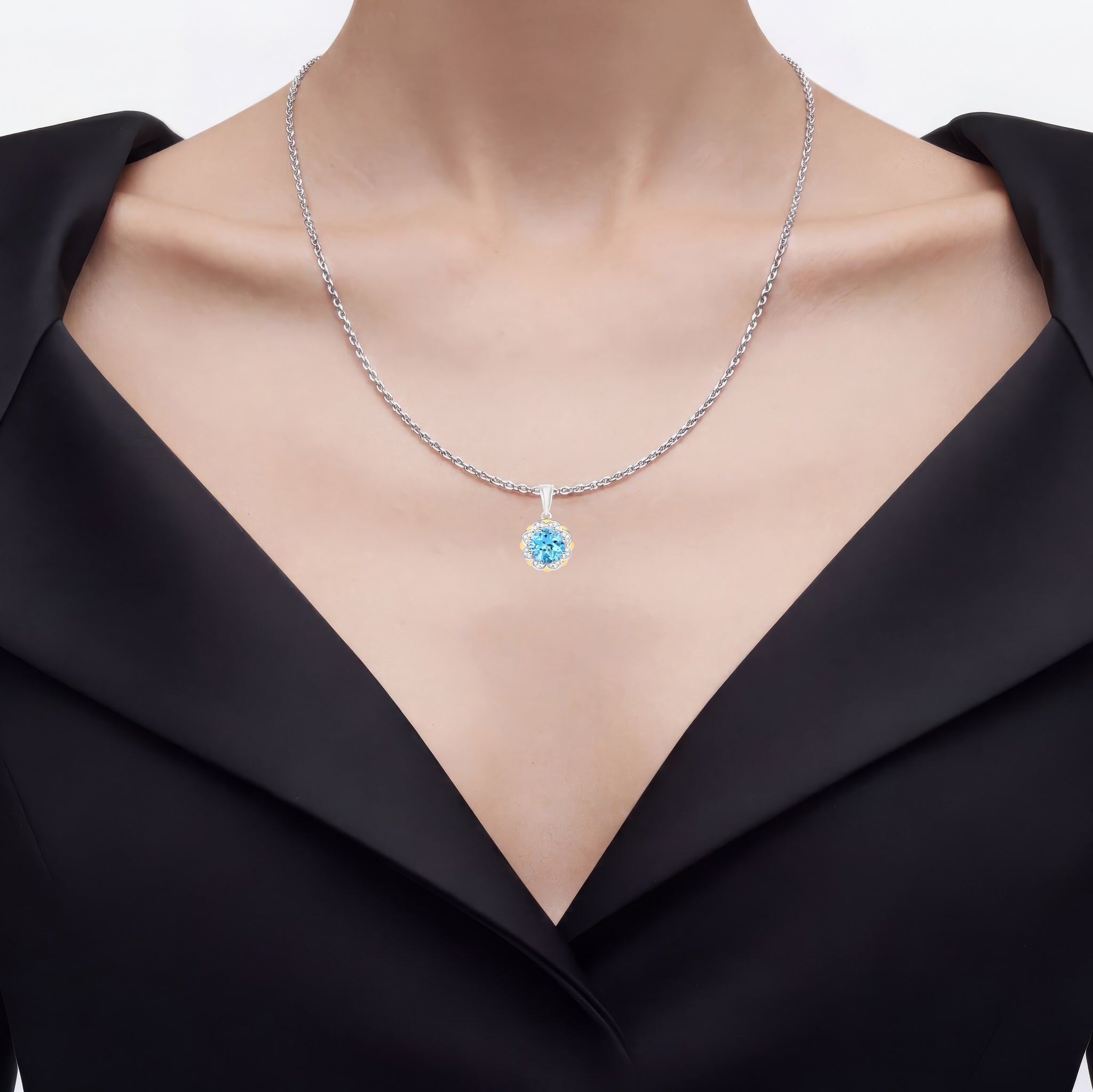 Swiss Blue Topaz Pendant With Diamonds 2.3 Carats 14K Gold and Sterling Silver