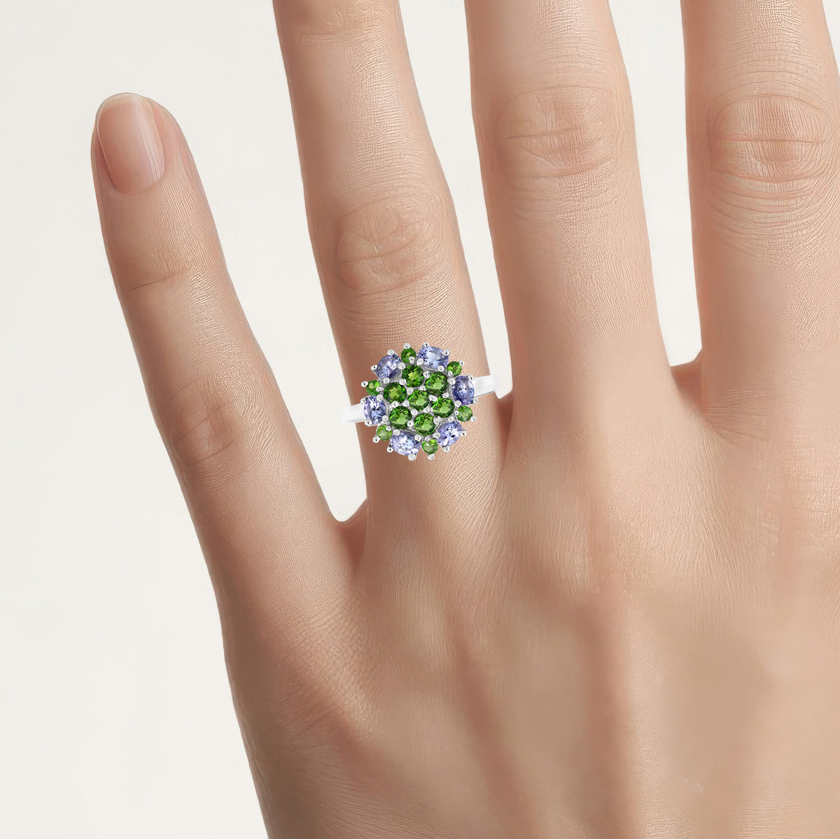 Chrome Diopside Flower Ring With Tanzanite 1.98 Carats Sterling Silver