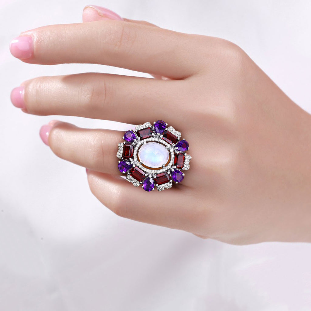 Natural Mixed Gemstones Ring 11.2 Carats Sterling Silver