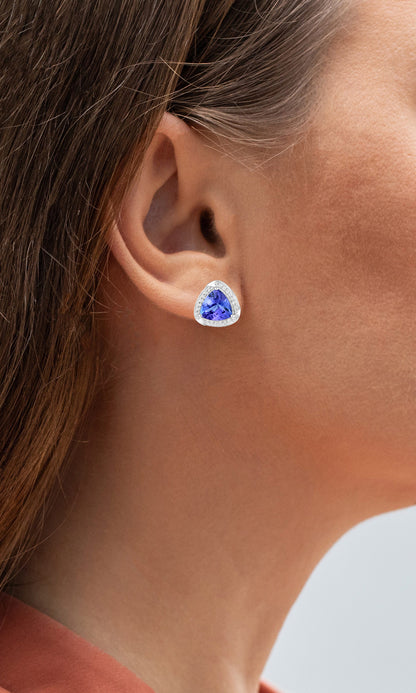 Natural Tanzanite Stud Earrings With Diamonds 3.66 Carats 14K White Gold