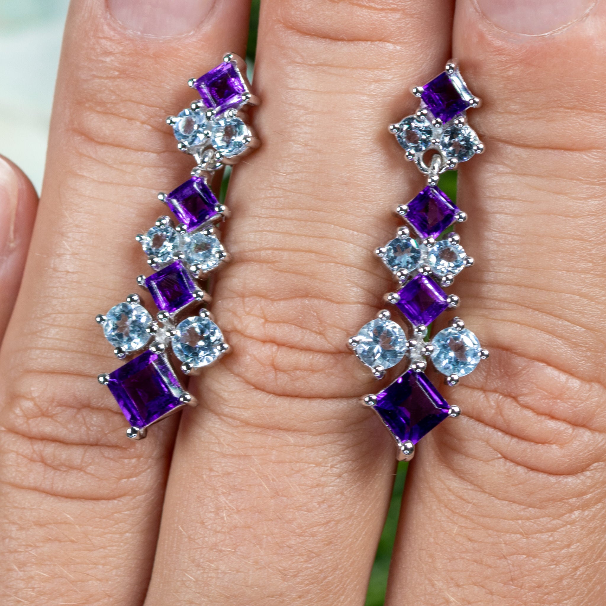 Amethyst Earrings With Blue Topaz 4.86 Carats Sterling Silver