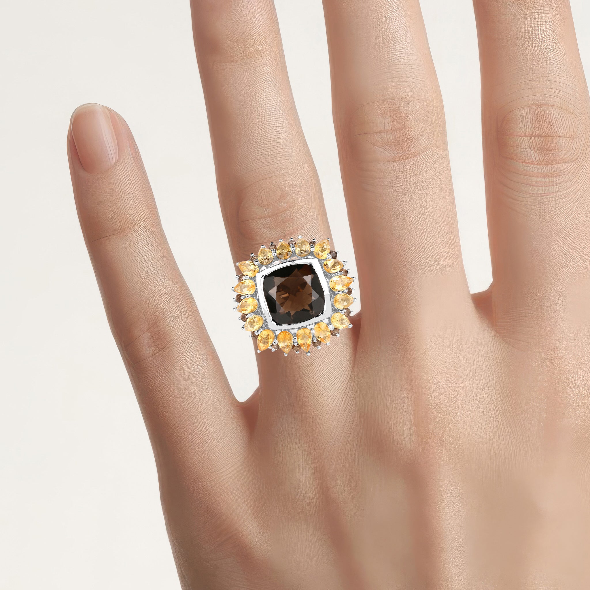 Smoky Quartz Ring With Citrine 9.1 Carats Sterling Silver