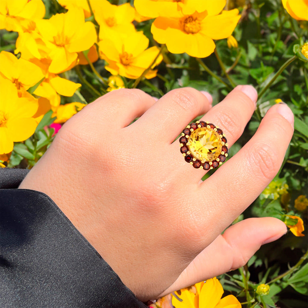 Citrine Ring With Garnet 7.24 Carats Gold Plated Silver