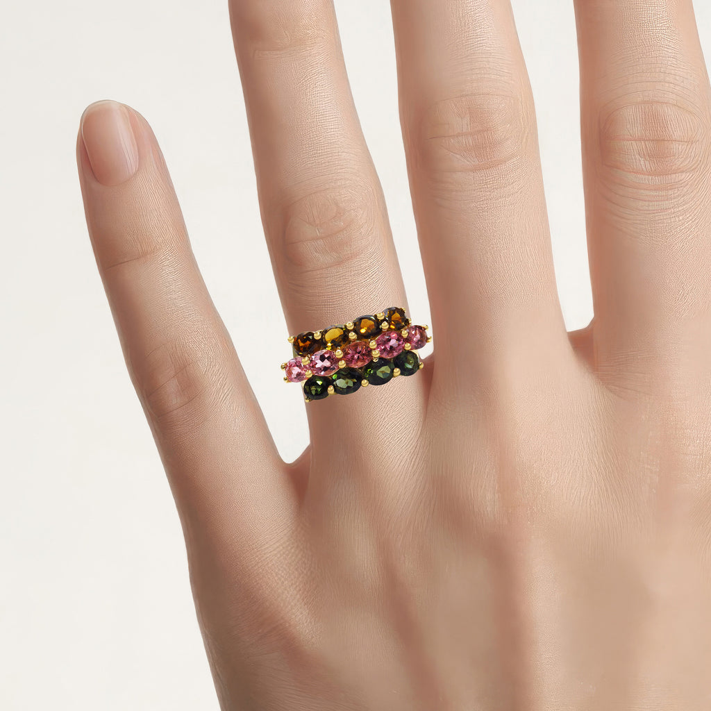 Multicolor Tourmaline Ring 4.52 Carats Gold Plated Silver