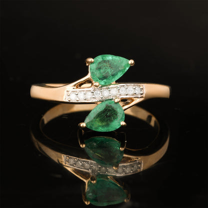 Natural Zambian Emerald Ring With Diamonds 0.74 Carats 9K Yellow Gold
