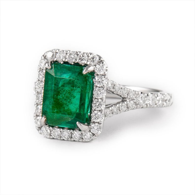Emerald Ring Diamond Halo Setting 3.2 Carats 18K White Gold