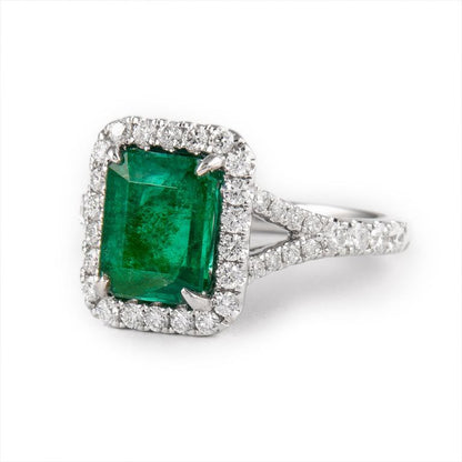 Emerald Ring Diamond Halo Setting 3.2 Carats 18K White Gold