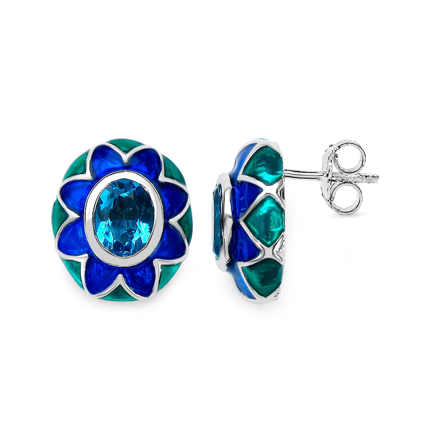 Swiss Blue Topaz Floral Enamel Earrings 3.2 Carats