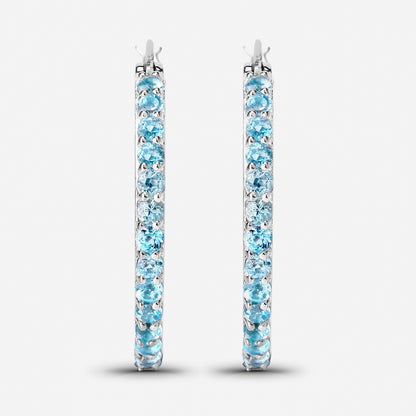Swiss Blue Topaz Hoop Earrings 1.72 Carats Sterling Silver