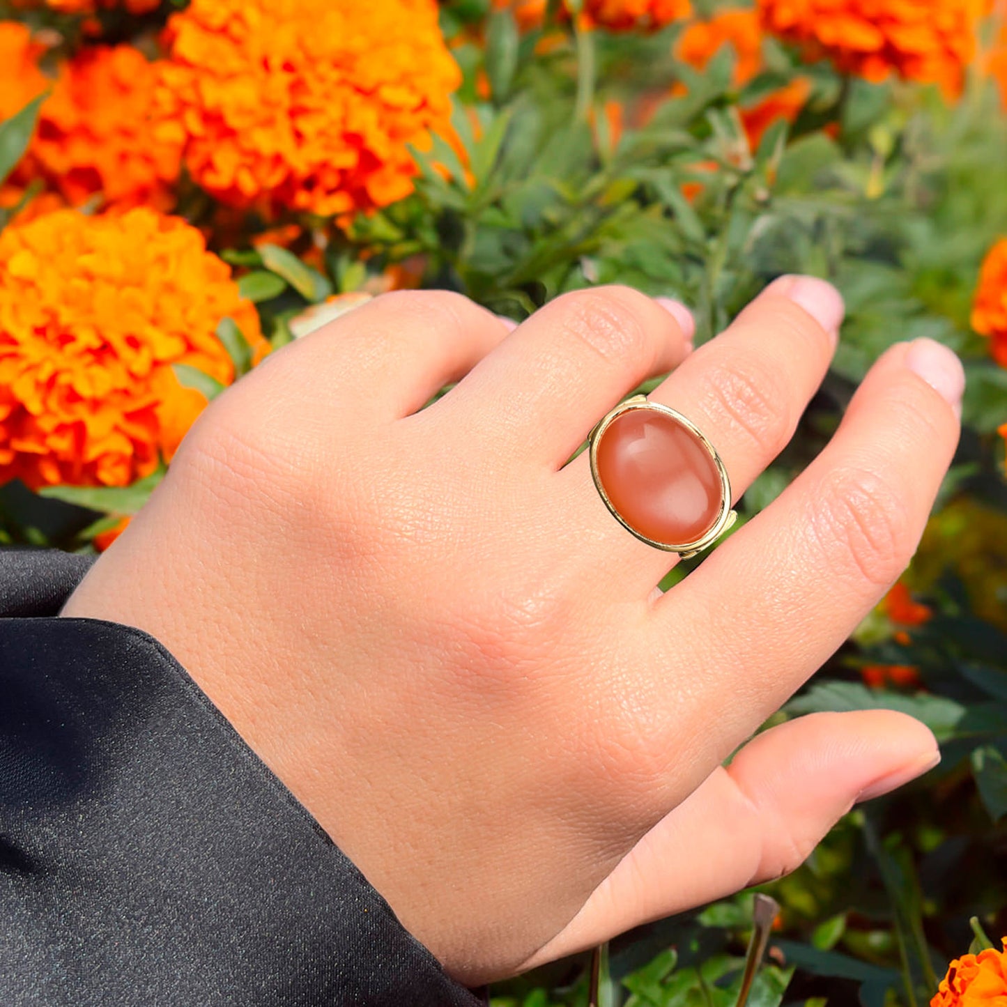 Peach Moonstone Ring 9.5 Carats Gold Plated Silver