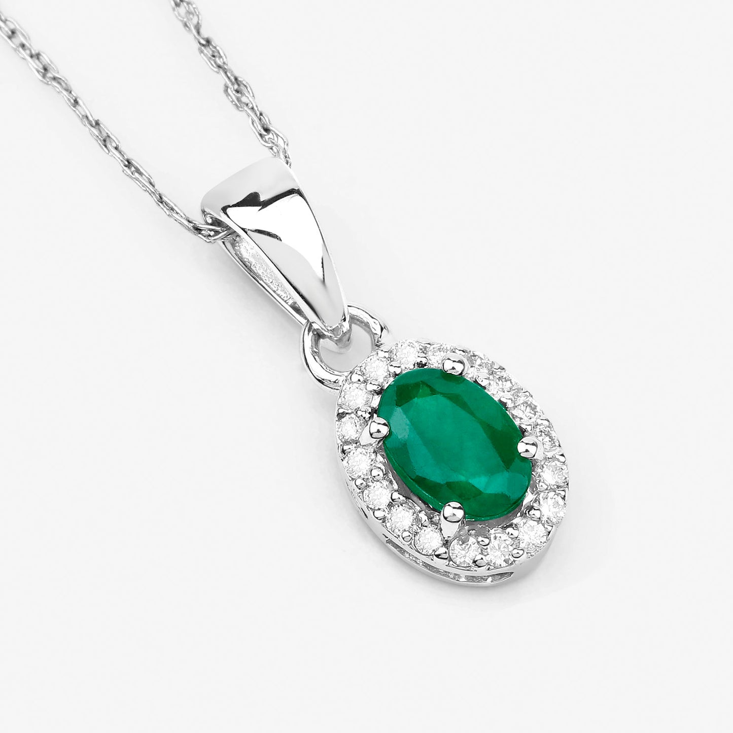 Zambian Emerald Pendant Necklace With Diamonds 0.81 Carats 14K White Gold