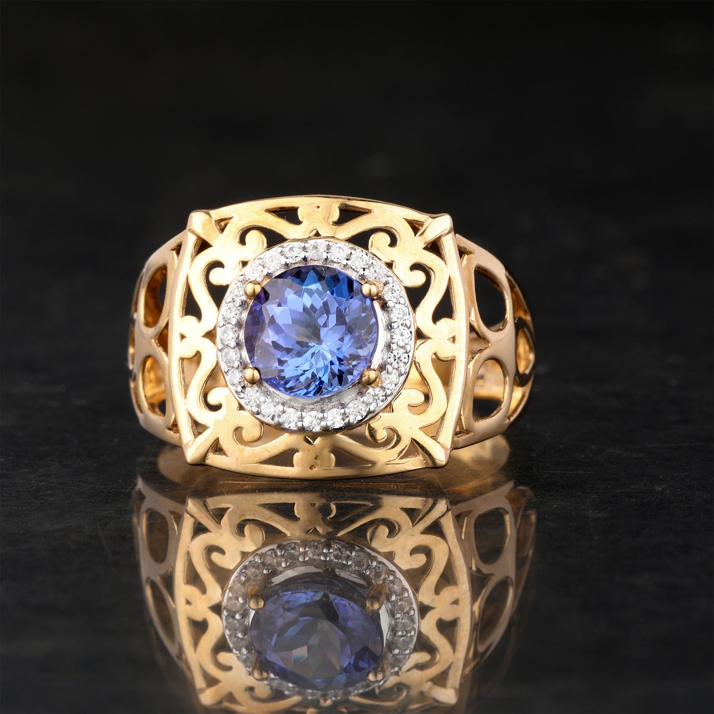 Natural Tanzanite Ring With White Zircon 1.54 Carats 9K Yellow Gold