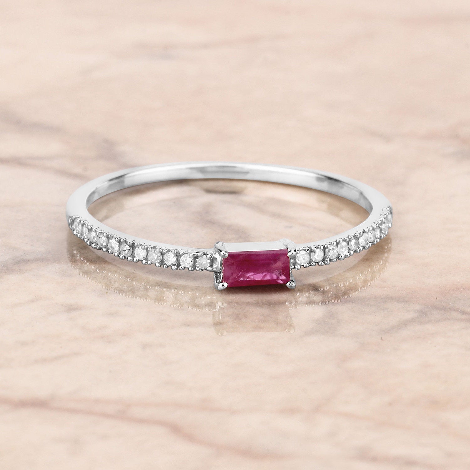 Ruby Ring With Diamonds 0.18 Carats 14K White Gold
