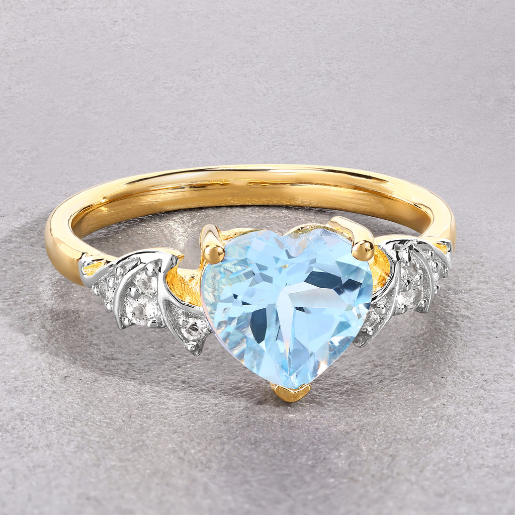 Blue Topaz Bat Ring With White Topaz 2.06 Carats Gold Plated Silver