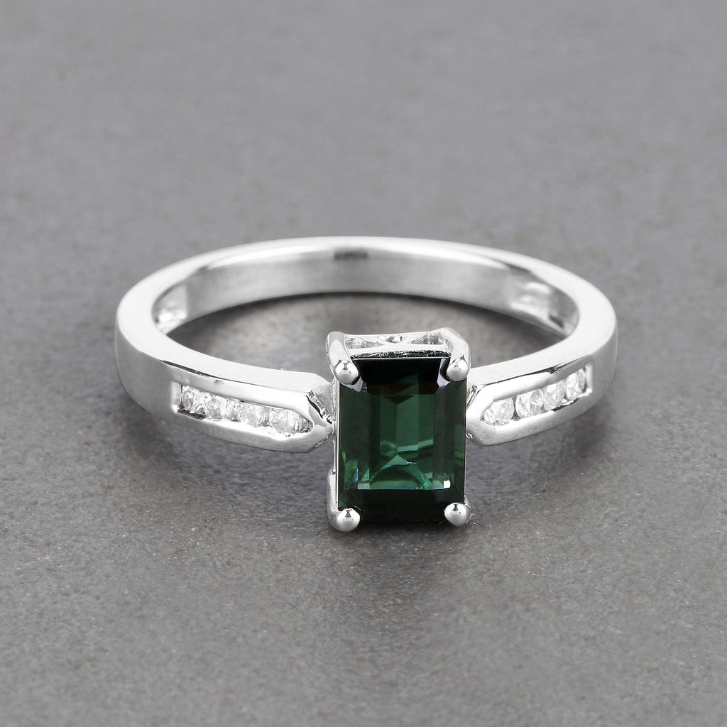 Green Tourmaline Ring With Diamonds 1.16 Carats 14K White Gold