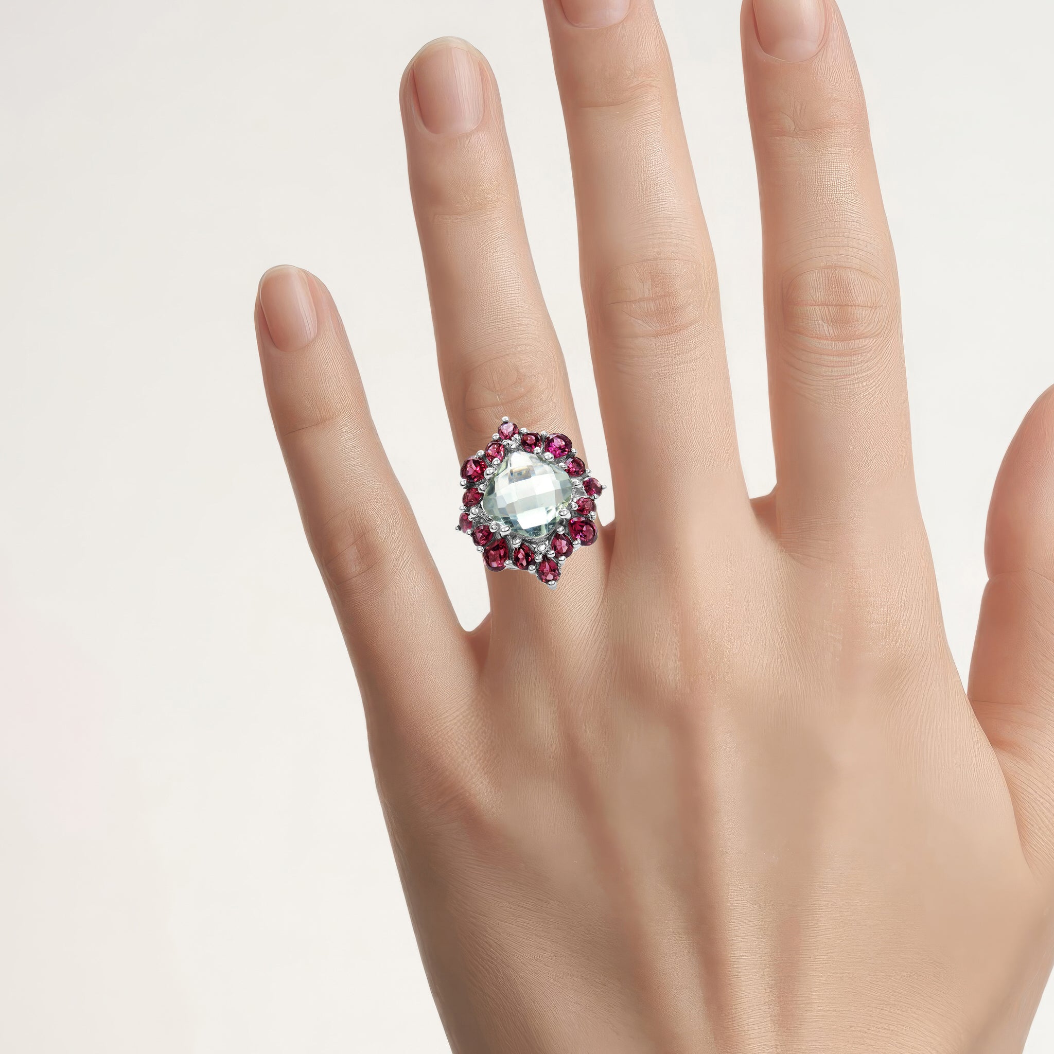 Green Amethyst Ring With Rhodolite Garnet 8.56 Carats Sterling Silver