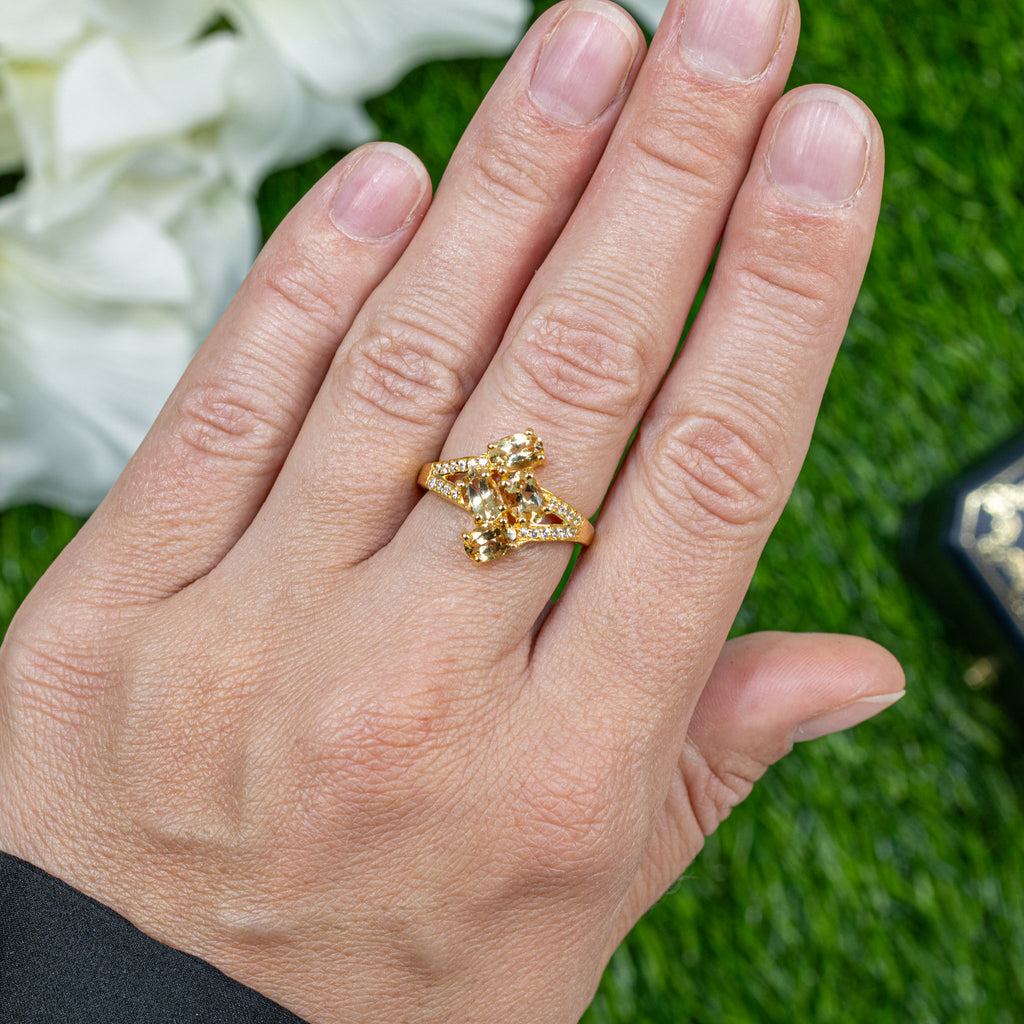 Beryl Bypass Ring Zircon Setting 1.75 Carats 24K Yellow Gold Plated Silver