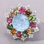 Aquamarine Ring With Multicolor Tourmaline 8.96 Carats Sterling Silver