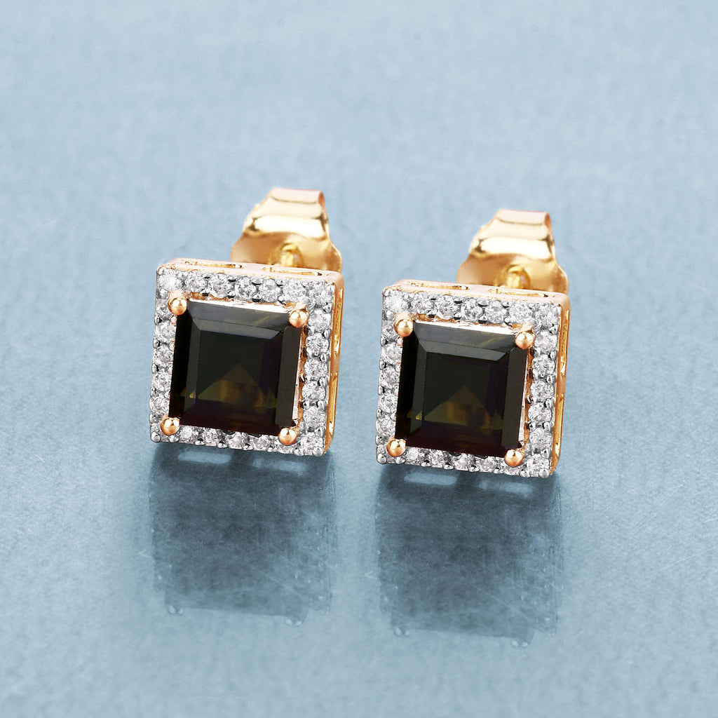 Green Tourmaline Stud Earrings With Diamonds 1.52 Carats 14K Yellow Gold