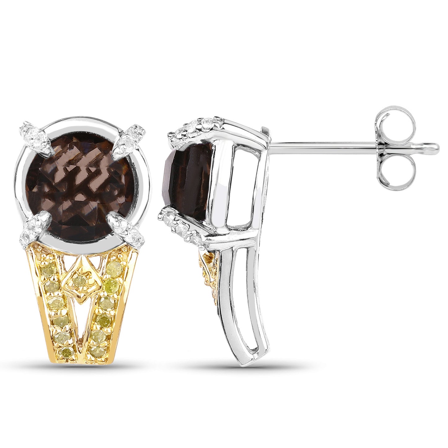 Smoky Quartz Stud Earrings Diamonds 3.7 Carats Rhodium Plated Silver