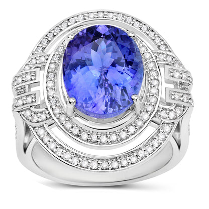 Natural Tanzanite Ring With Diamonds 6.80 Carats 14K White Gold