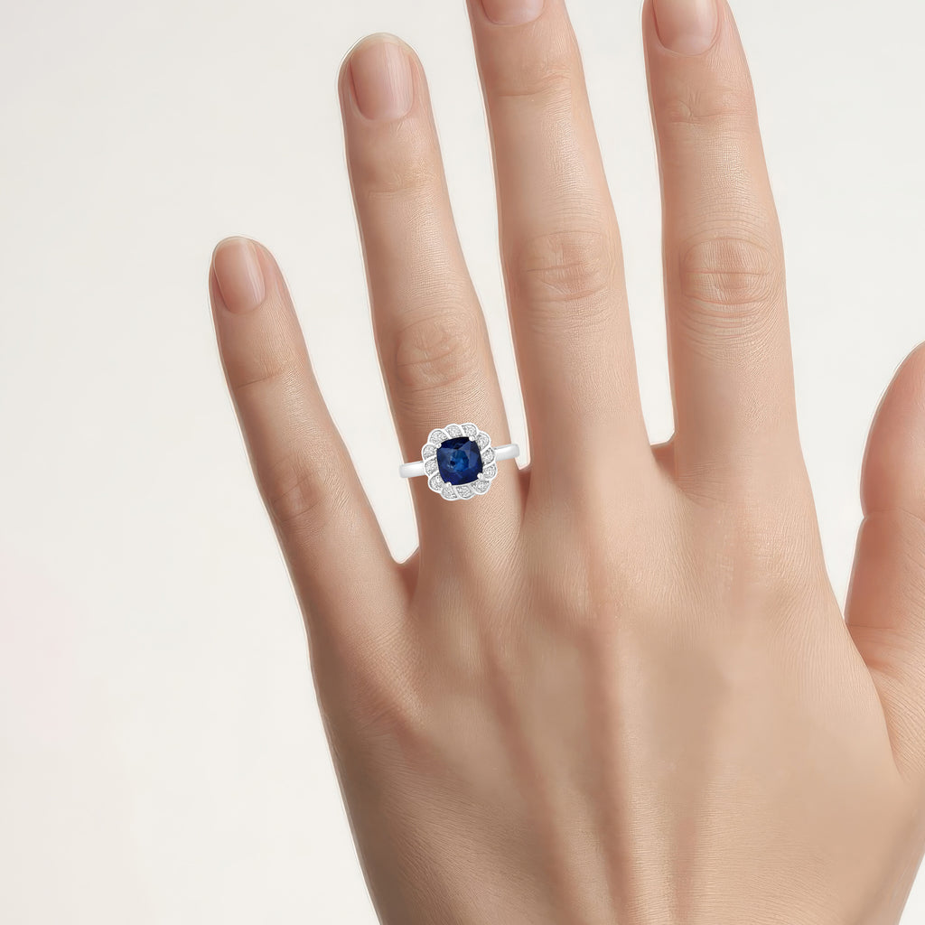 Blue Sapphire Ring With Diamonds 2.56 Carats 18K White Gold