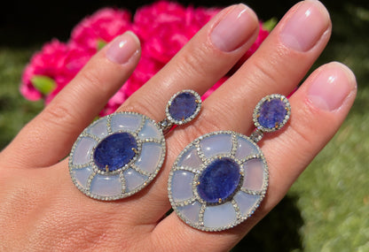 Tanzanite Earrings Set With Diamonds and Chalcedony 41 Carats Total