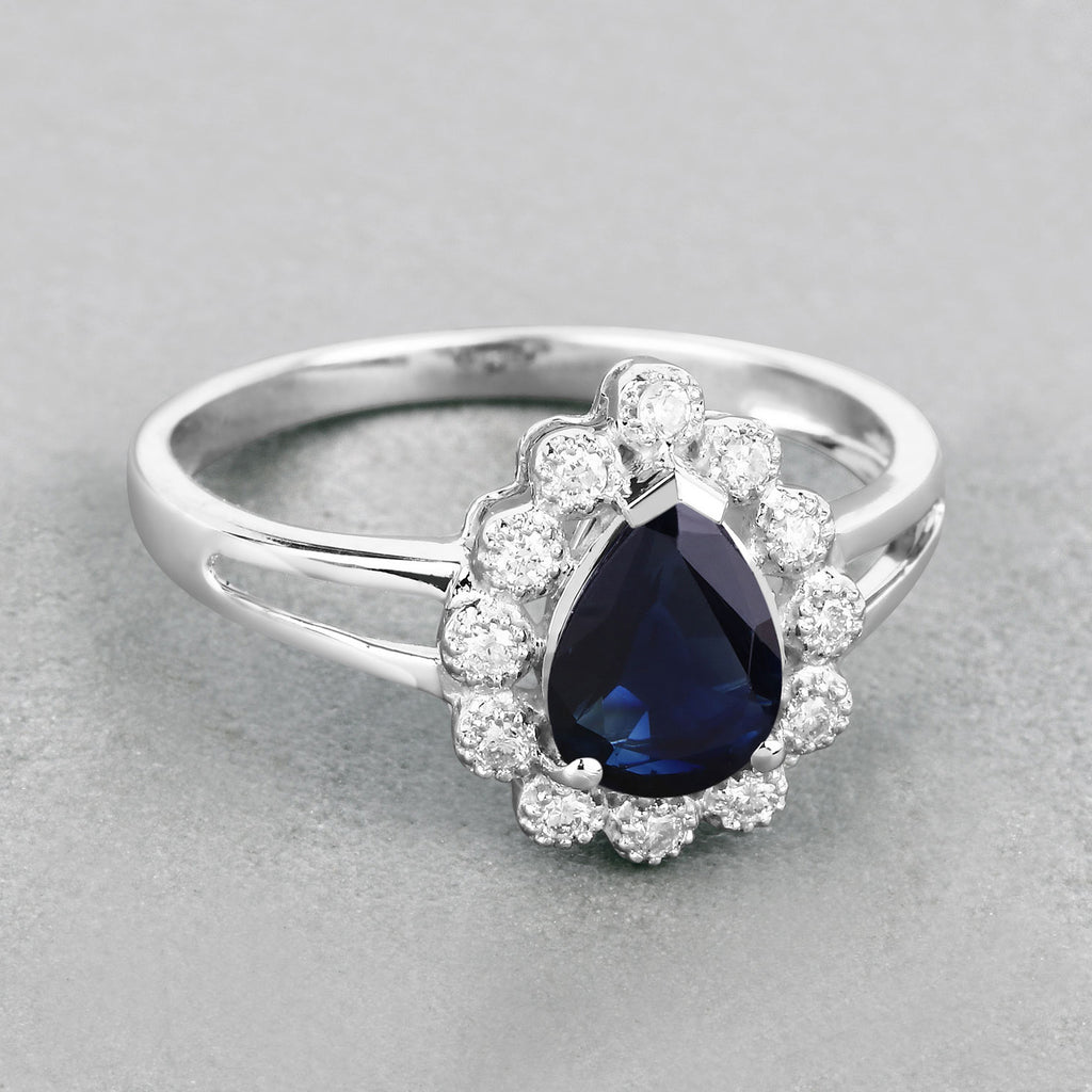 Blue Sapphire Ring With Diamonds 1.42 Carats 10K White Gold