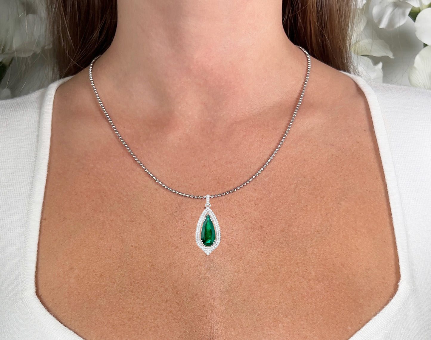 IGI Certified Zambian Emerald Necklace With Diamonds 5.37 Carats 14K White Gold