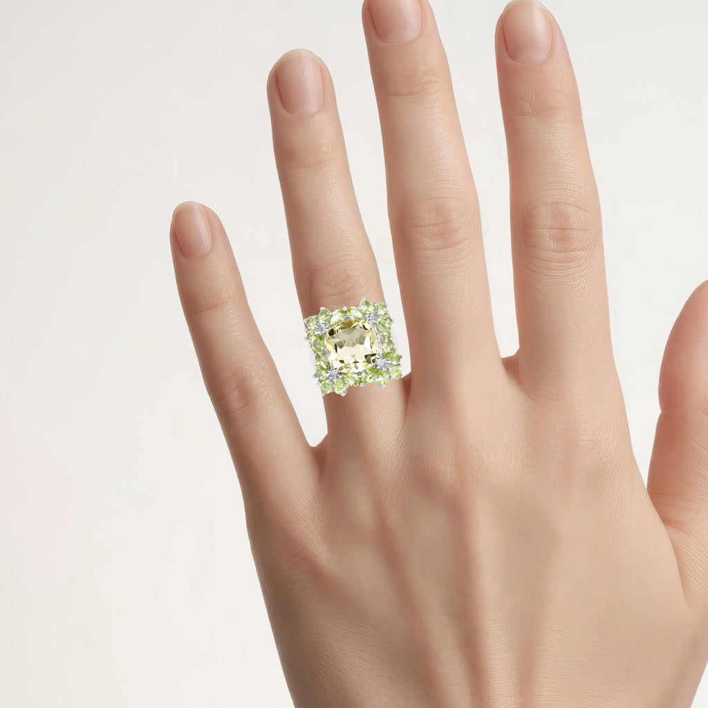 Lemon Quartz Ring With Peridot 9.32 Carats Sterling Silver