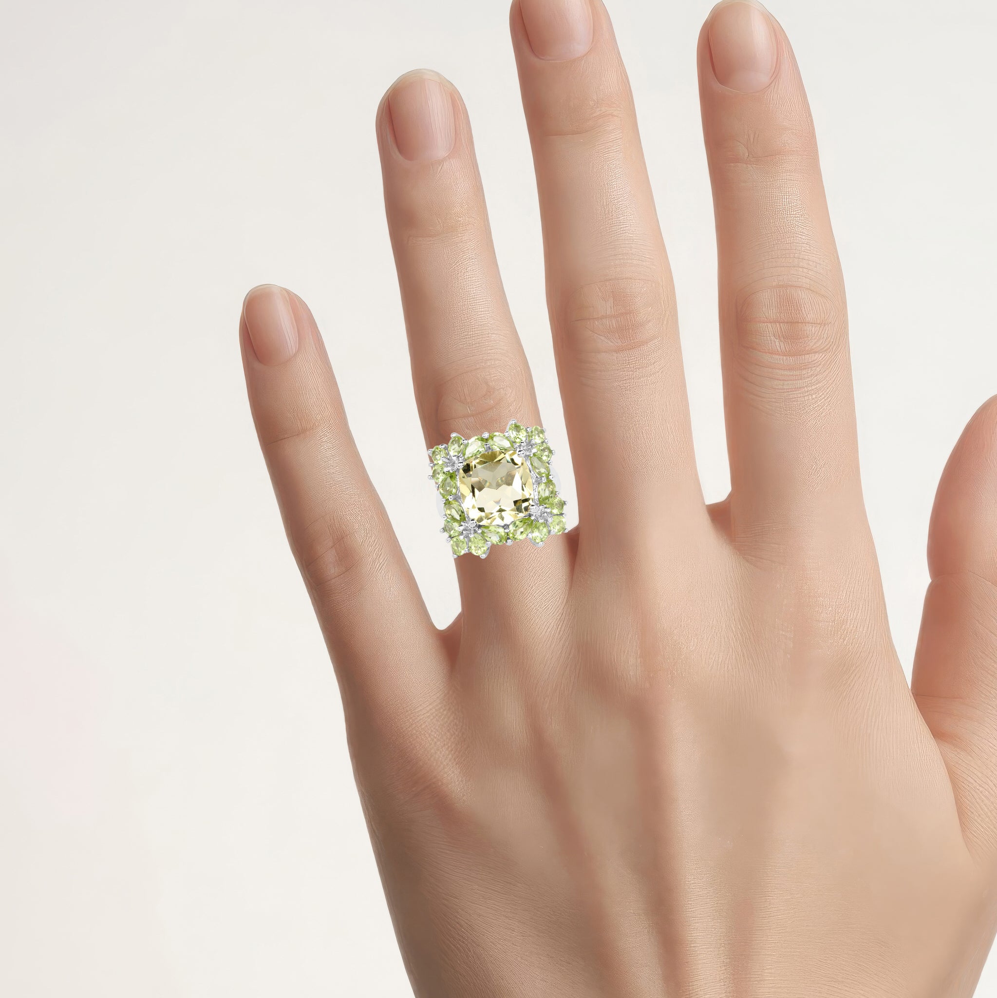 Lemon Quartz Ring With Peridot 9.32 Carats Sterling Silver