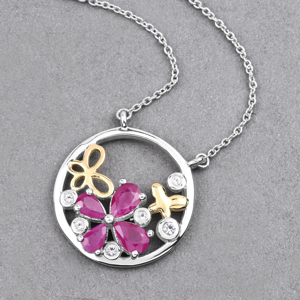 Ruby Butterfly Pendant With White Topaz 1.38 Carats Sterling Silver