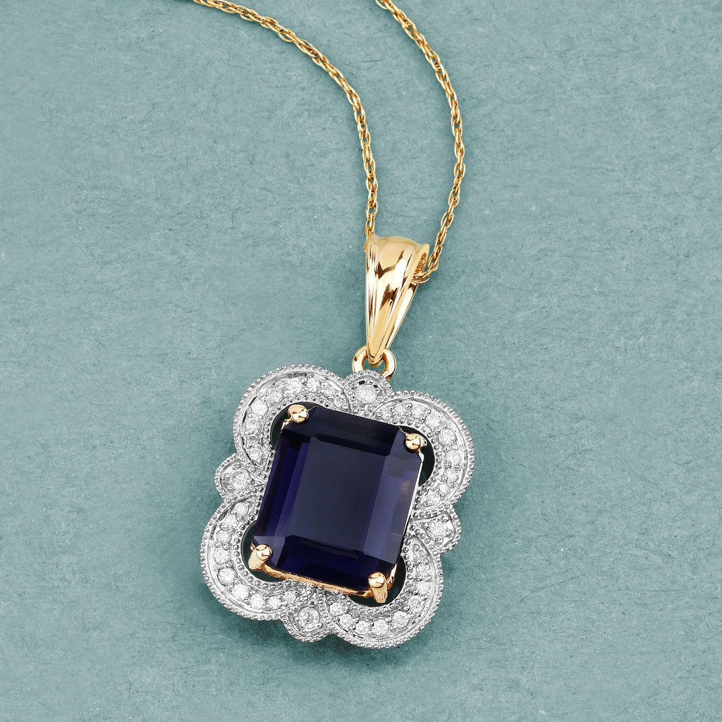 Iolite Pendant With Diamonds 3.98 Carats 14K Yellow Gold