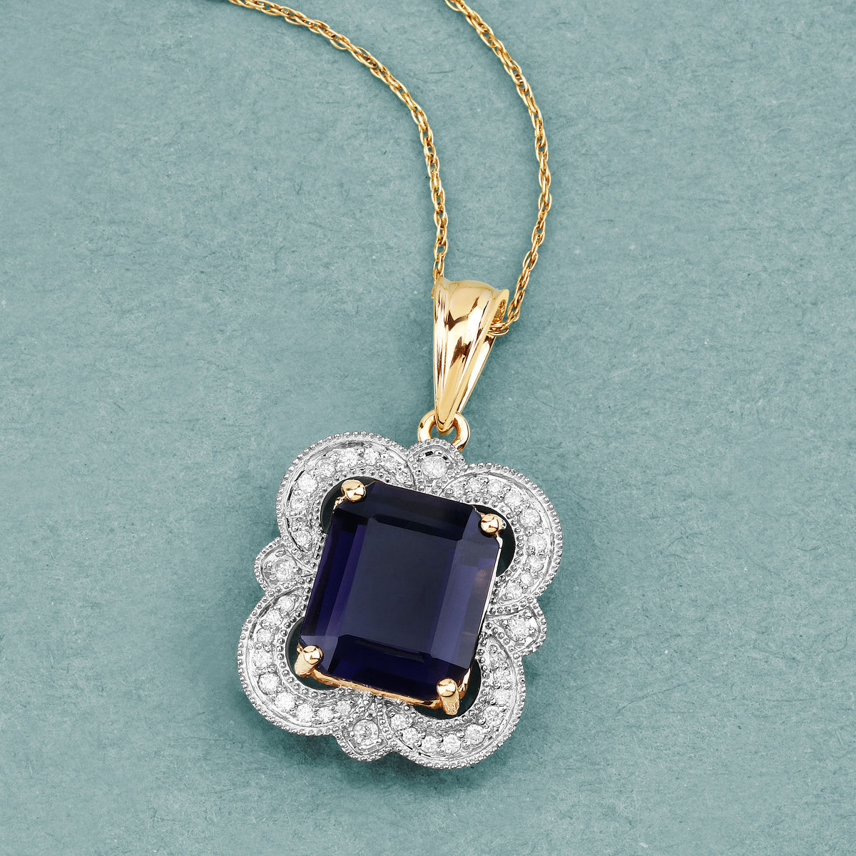 Iolite Pendant With Diamonds 3.98 Carats 14K Yellow Gold