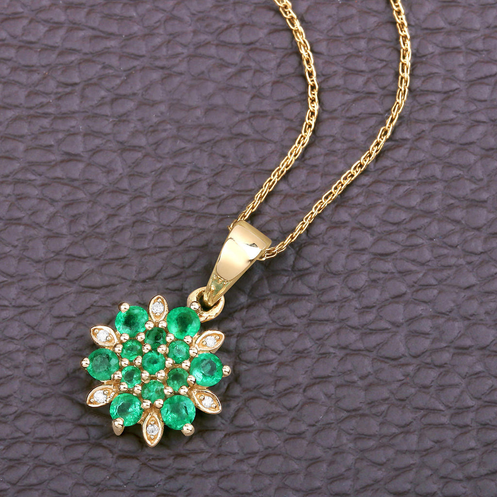 Zambian Emerald Flower Pendant With Diamonds 0.68 Carats 14K Yellow Gold