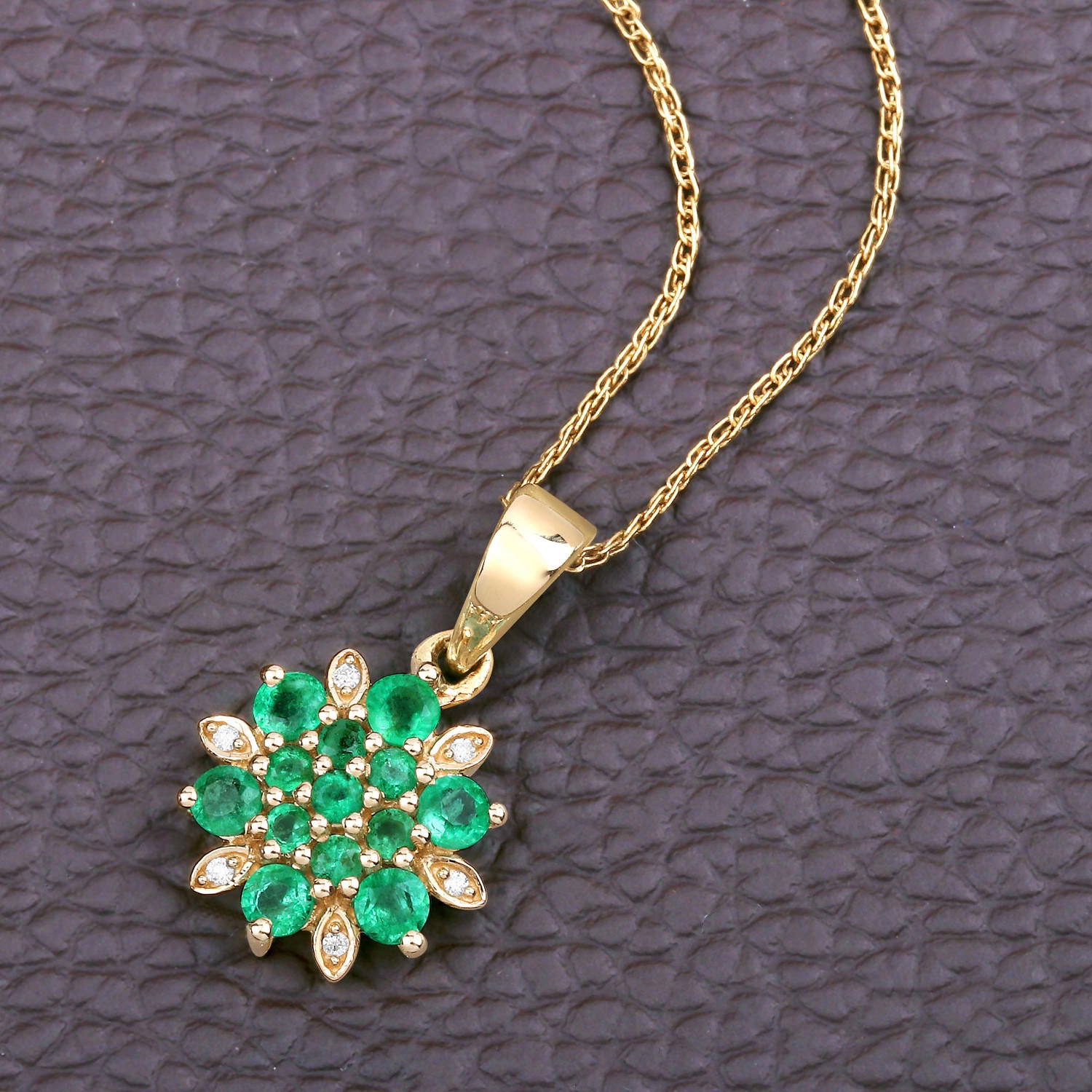 Zambian Emerald Flower Pendant With Diamonds 0.68 Carats 14K Yellow Gold