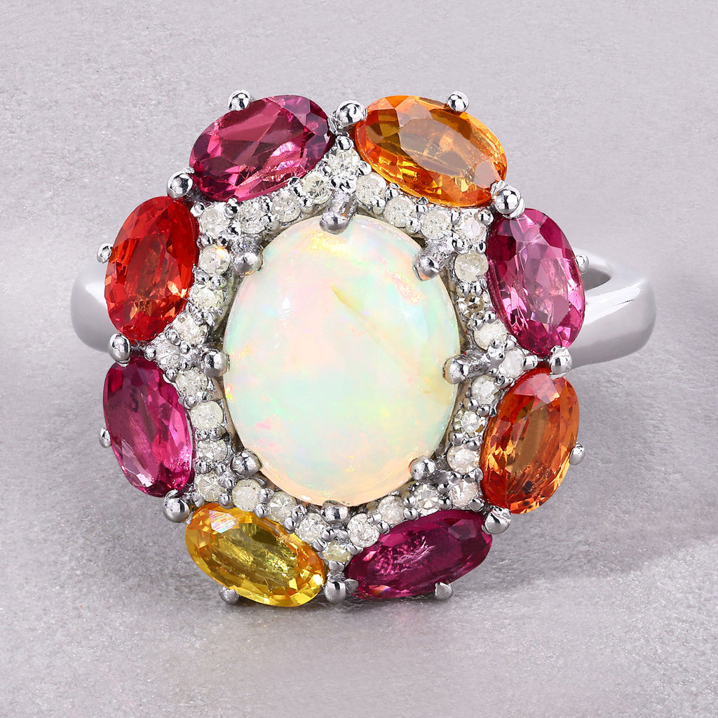 Opal Ring With Multicolor Sapphire 4.18 Carats Sterling Silver