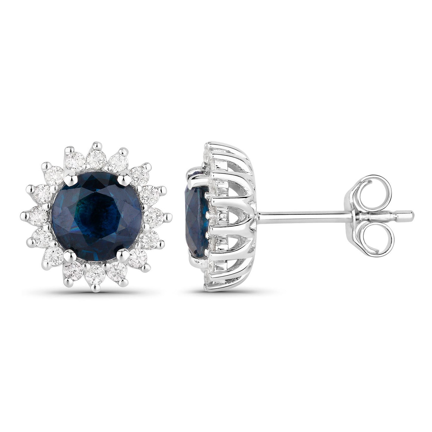 Blue Sapphire Halo Earrings Diamonds 2.3 Carats 14K White Gold