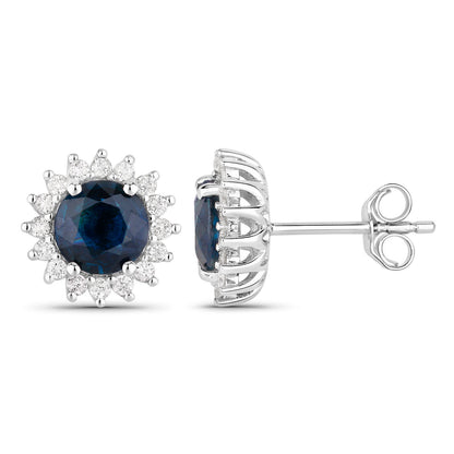Blue Sapphire Halo Earrings Diamonds 2.3 Carats 14K White Gold