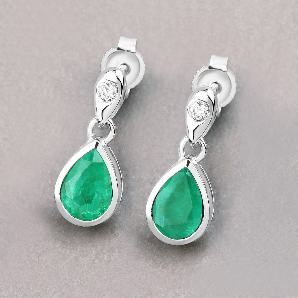 Zambian Emerald Earrings With Diamonds 1.32 Carats 10K White Gold
