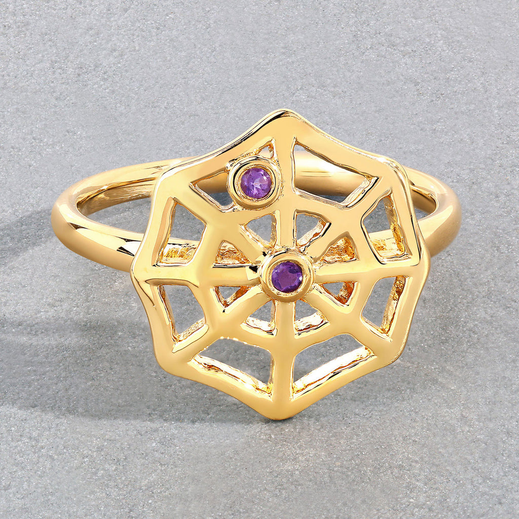 Amethyst Spider Web Ring 0.02 Carats Gold Plated Silver