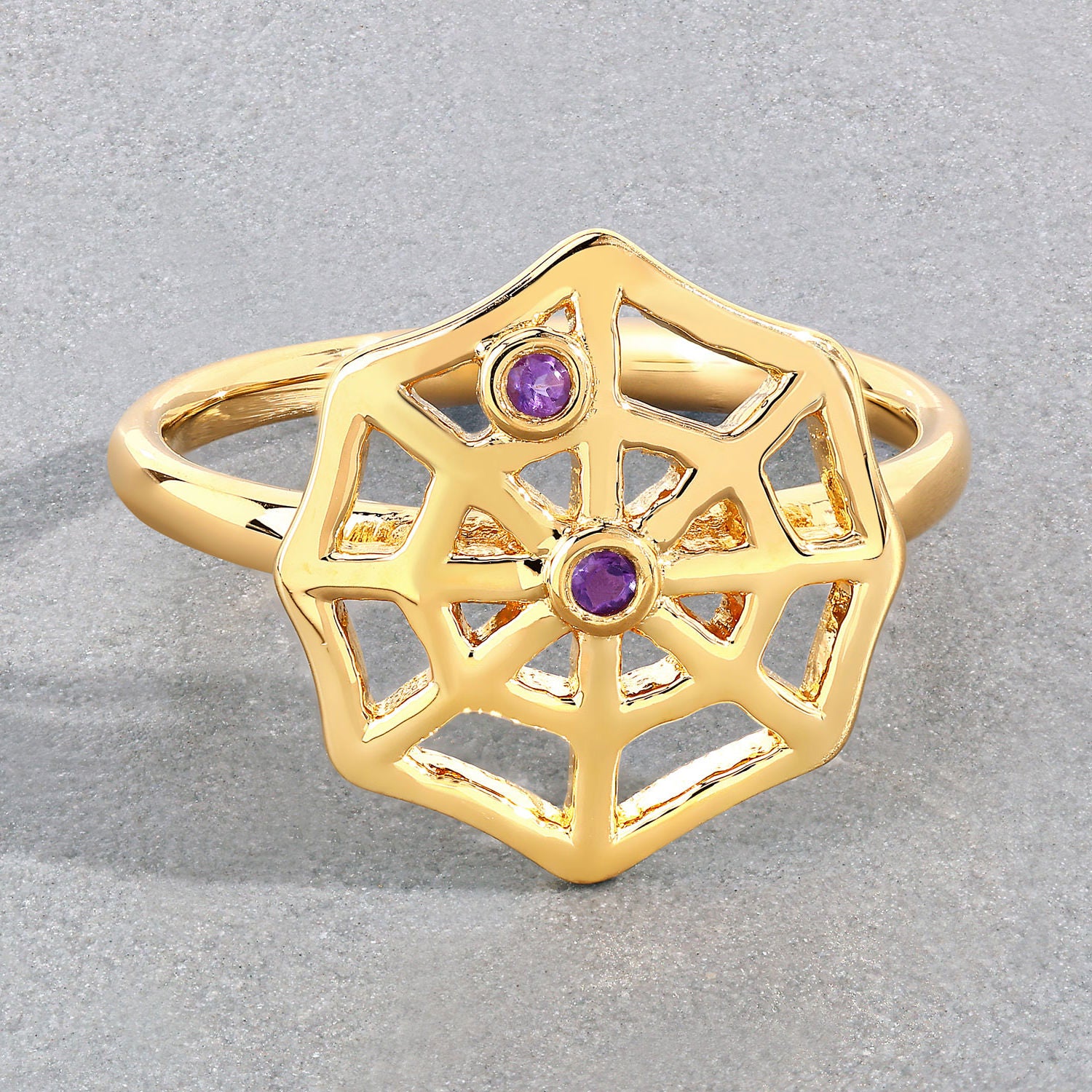 Amethyst Spider Web Ring 0.02 Carats Gold Plated Silver