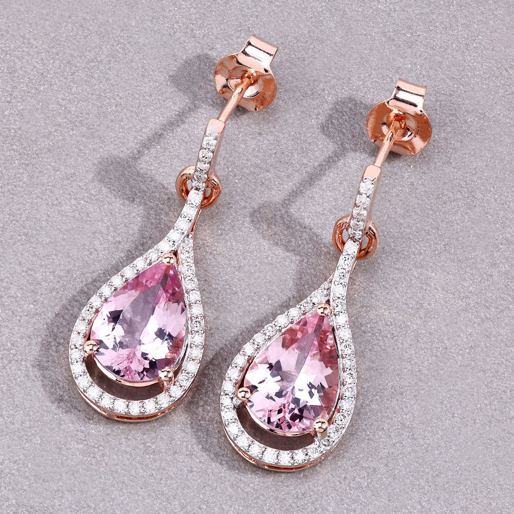 Morganite Earrings With Diamonds 3.32 Carats 14K Rose Gold