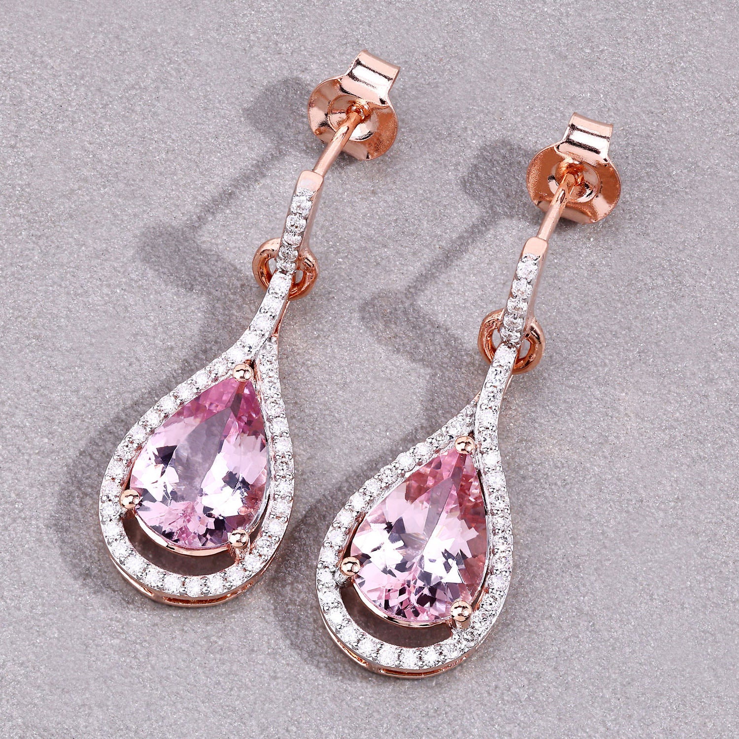 Morganite Earrings With Diamonds 3.32 Carats 14K Rose Gold