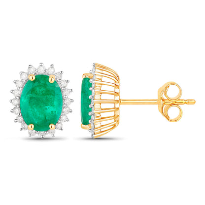 Zambian Emerald Earrings Diamonds 2.65 Carats 14K Yellow Gold