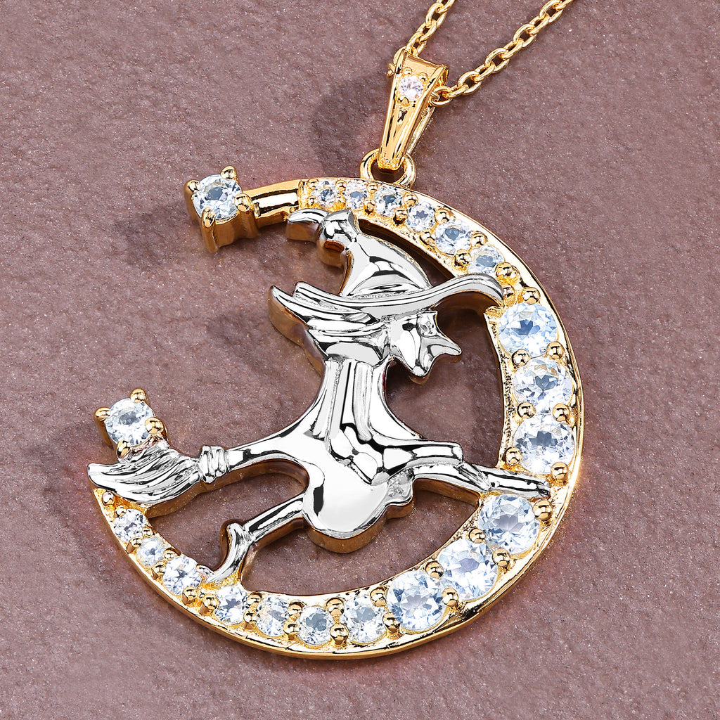 Blue Topaz Witch Pendant With White Topaz 1.24 Carats Gold Plated Silver