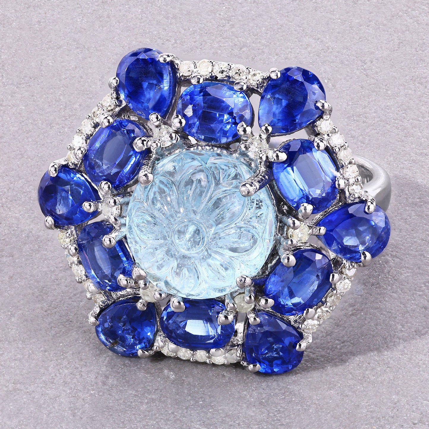 Aquamarine Ring With Kyanite 9.76 Carats Sterling Silver