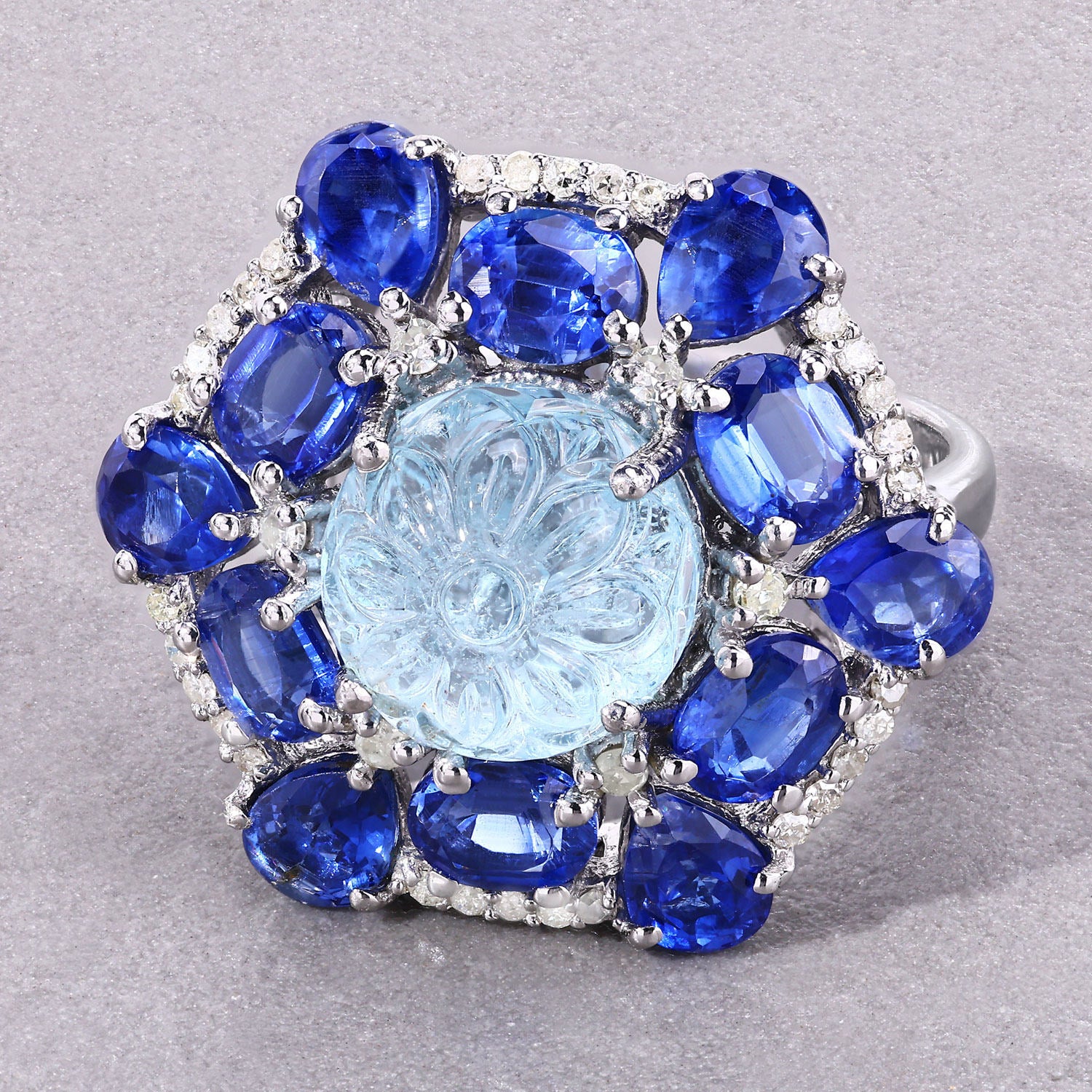 Aquamarine Ring With Kyanite 9.76 Carats Sterling Silver