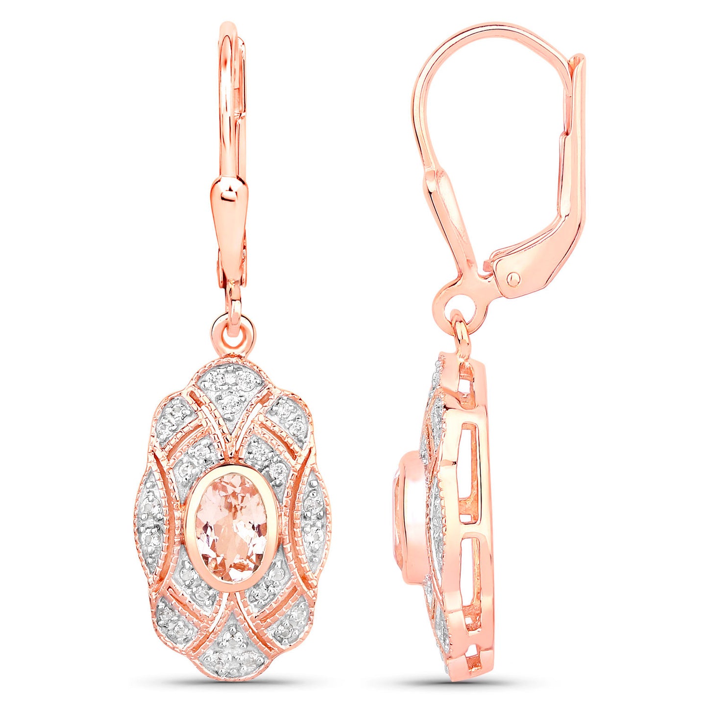 Morganite Dangle Earrings With White Topaz 1.02 Carats Gold Plated Silver