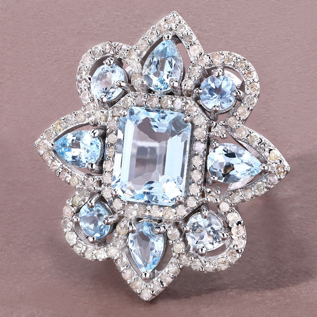 Blue Topaz Ring With Aquamarine 8.08 Carats Sterling Silver